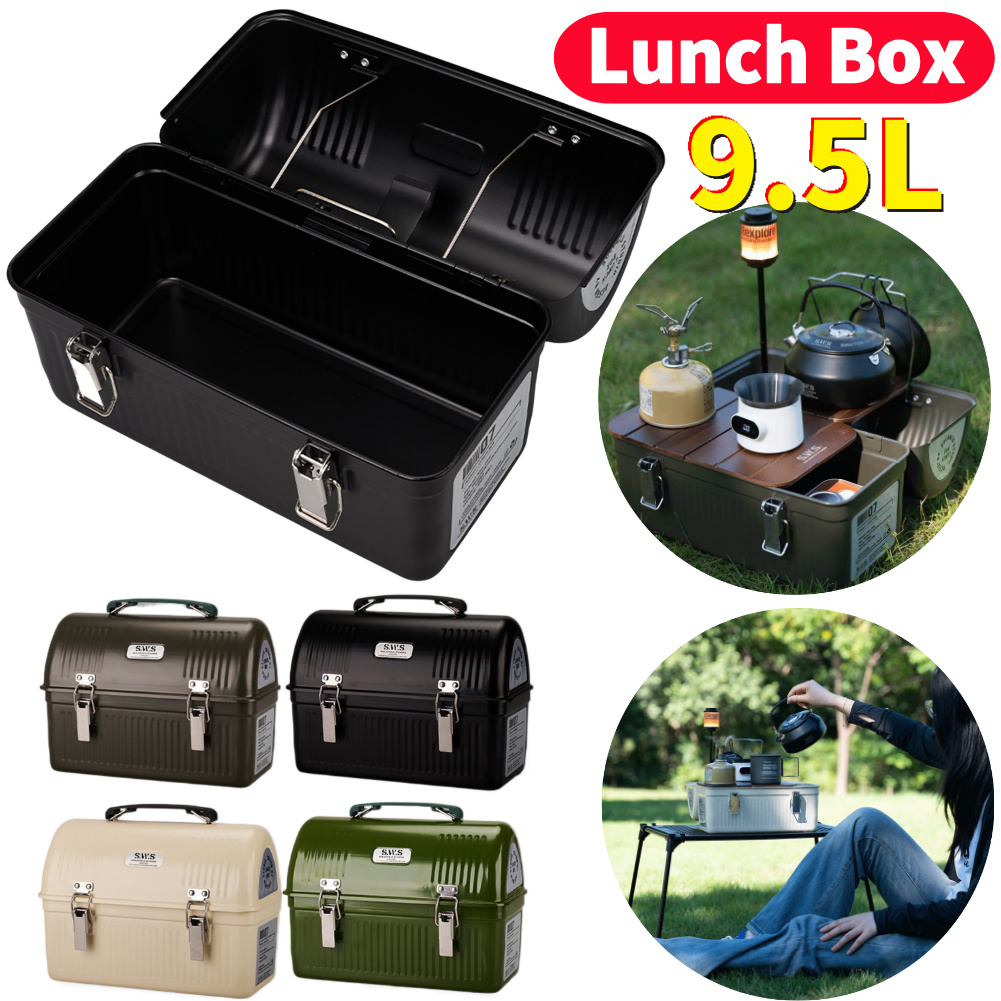Food Storage Metal Box - 9.5L ヴィンテージ キャンプ用メタルランチボックス ハンドルとラッチ付き アウトドアギア ツールボックス
