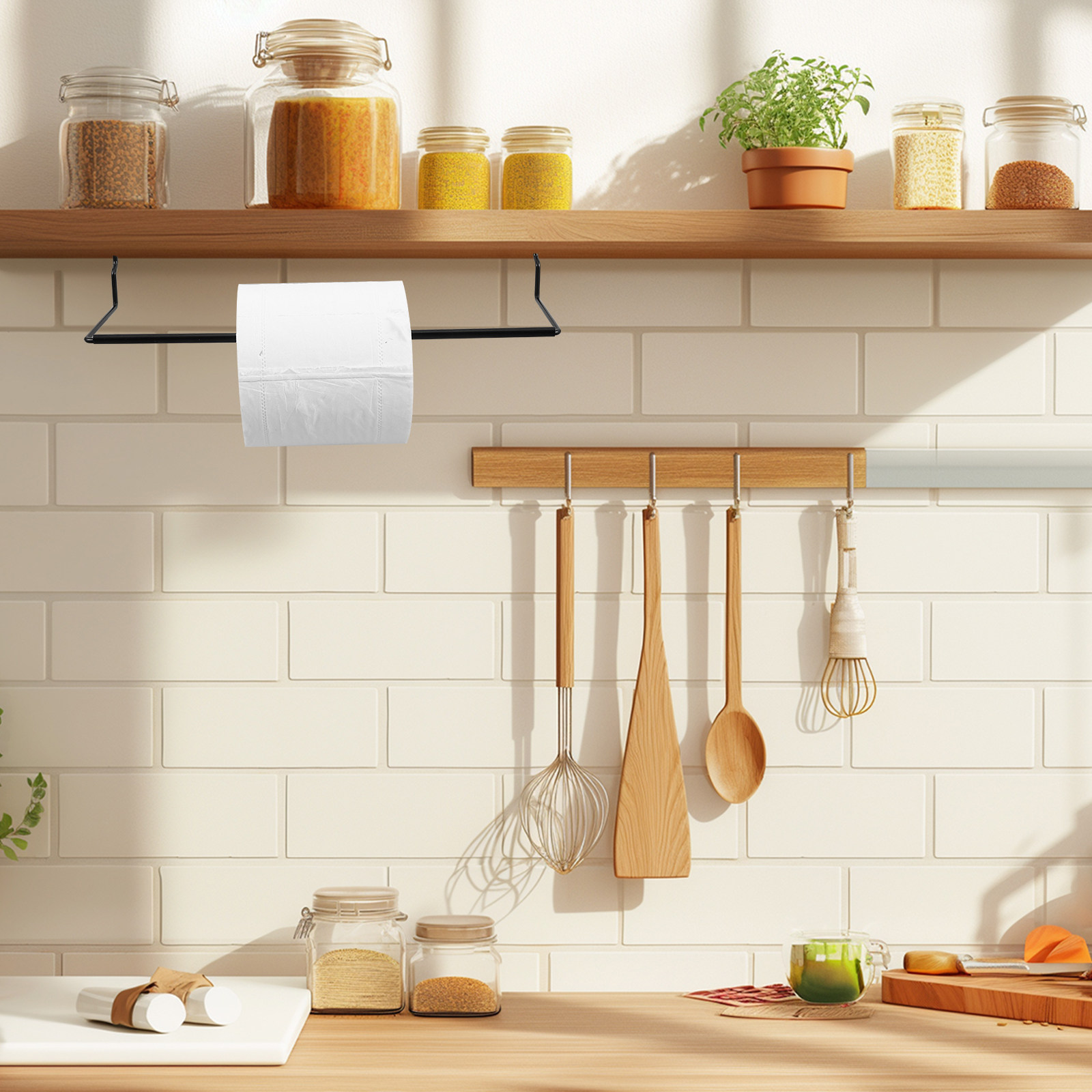 Food Storage Rack - 金属製ペグボード キッチンタオルホルダー ペーパーロールラック バスルーム収納 簡単設置 吊り下げフック