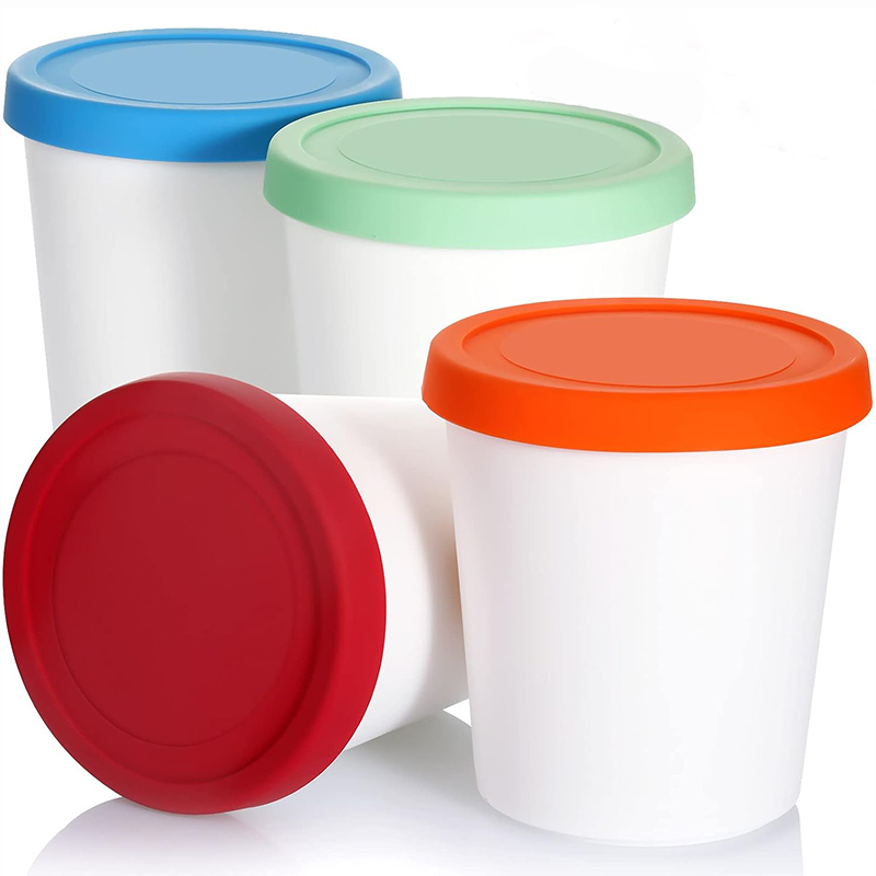 Food Storage Quart Containers - 食品容器4個、シリコン蓋付き1クォート保存槽、冷凍庫用再利用可能なアイスクリーム容器、食器洗い機対応