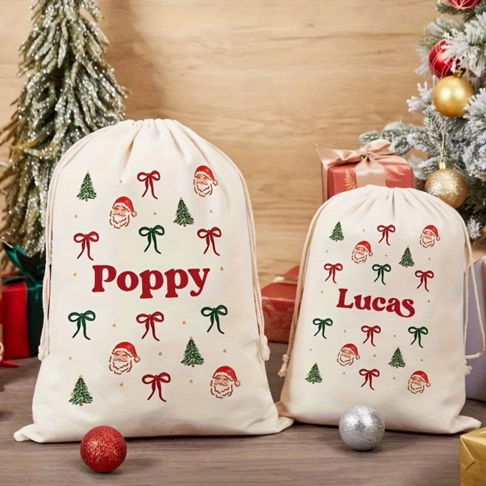 Zebra Food Storage - パーソナライズされたシンプルなサンタ＆クリスマスボウ付き巾着袋、カスタムネーム入りリネン風ホリデーギフトバッグ、クリスマスプレゼント収納ポーチ
