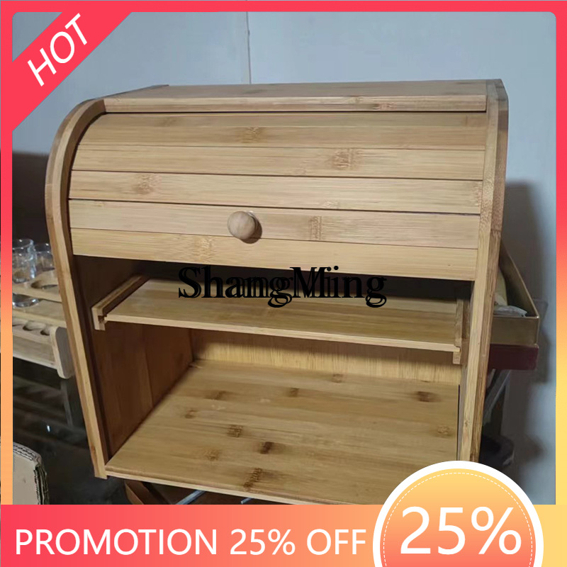 Food Storage Rack - SM 家庭用竹製パン収納ボックス 食品保存容器 ローラーシャッタードア付き キッチン食器 防塵収納ラック