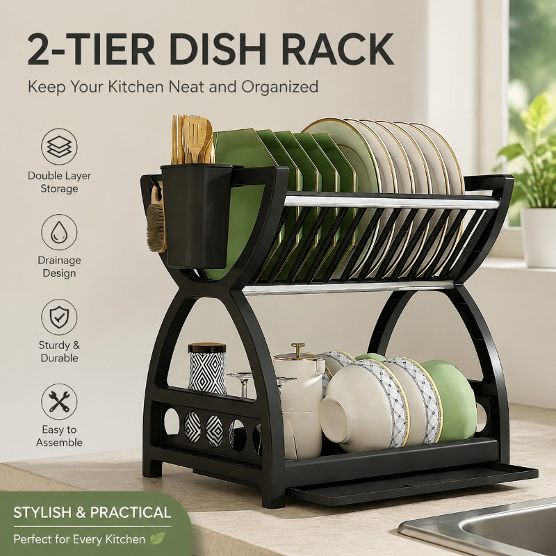 Food Storage Shelving - 2段式食器乾燥ラック キッチンカウンター用 プレートボウル収納オーガナイザー 水切りトレイ付き カトラリーホルダー 省スペース棚スタンド