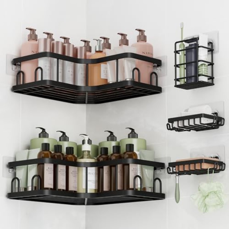 Food Storage Shelving - 1個/3個/5個入りコーナーシャワー収納ラック | 壁掛け式バスルームシェルフ、ブラックシャワー収納ラック、穴あけ不要の大容量収納ラック（キッチンとバスルーム用）