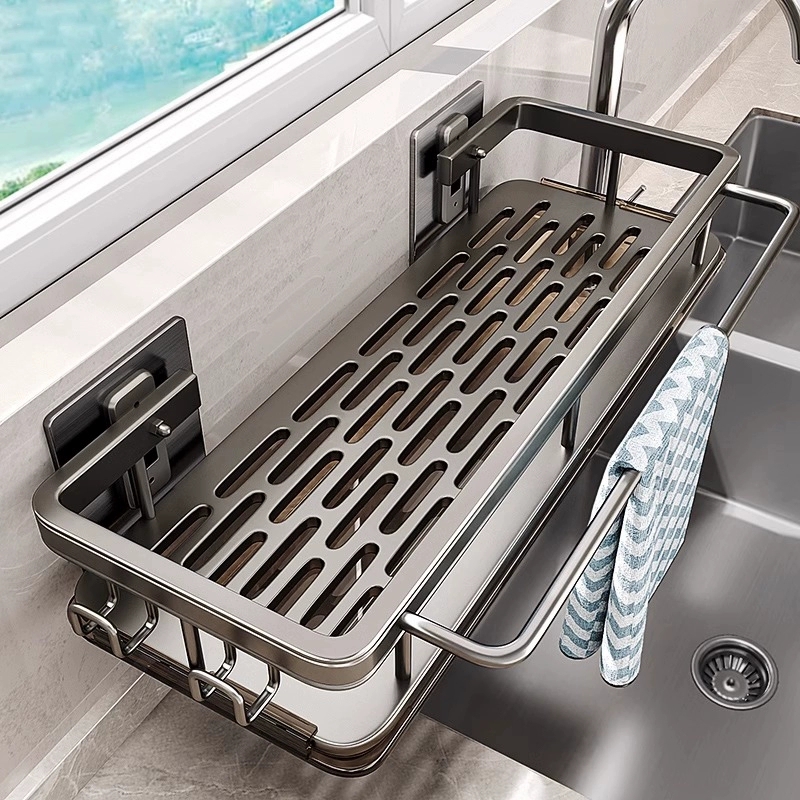 Food Storage Shelving - 多機能キッチン棚、乾燥ラック、モップ収納、穴あけ不要の壁掛け式、家庭用スパイスラック、シンクの蛇口台