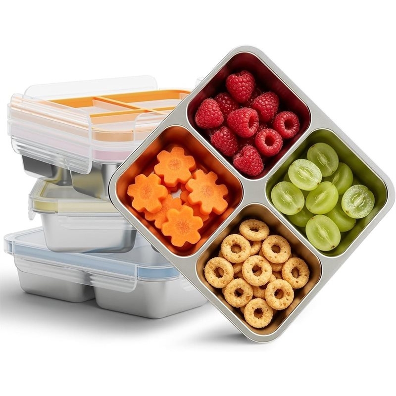 Food Storage Metal Box - GIGI 4パック ステンレススチール製スナック容器、蓋付き4コンパートメントメタルスナック容器、コンパクト食品保存容器