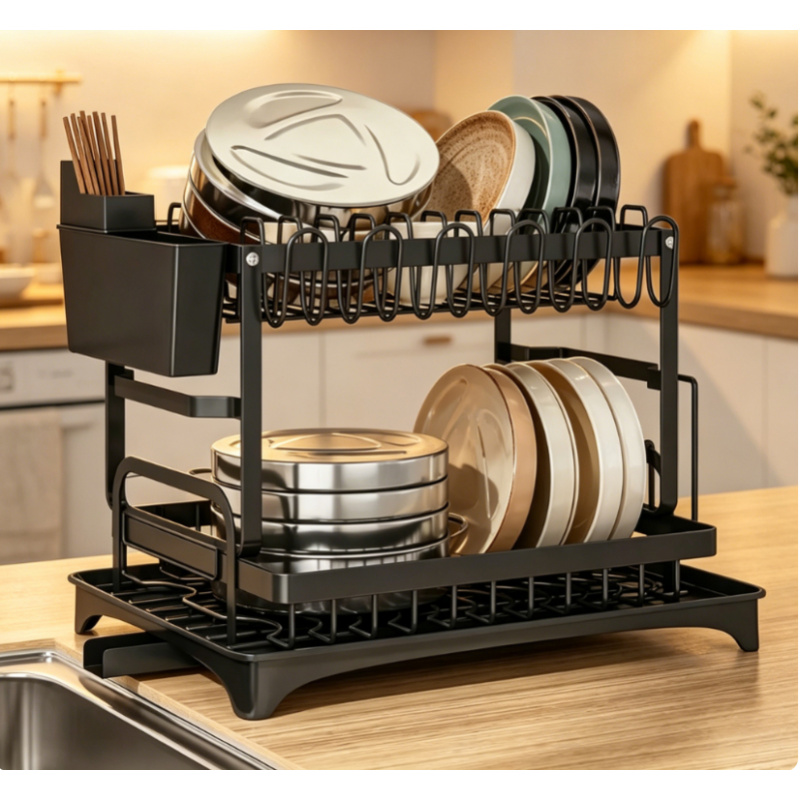 Food Storage Shelving - プレミアム大容量2段メタルディッシュラック水切り収納棚（排水トレイ付き）キッチン用