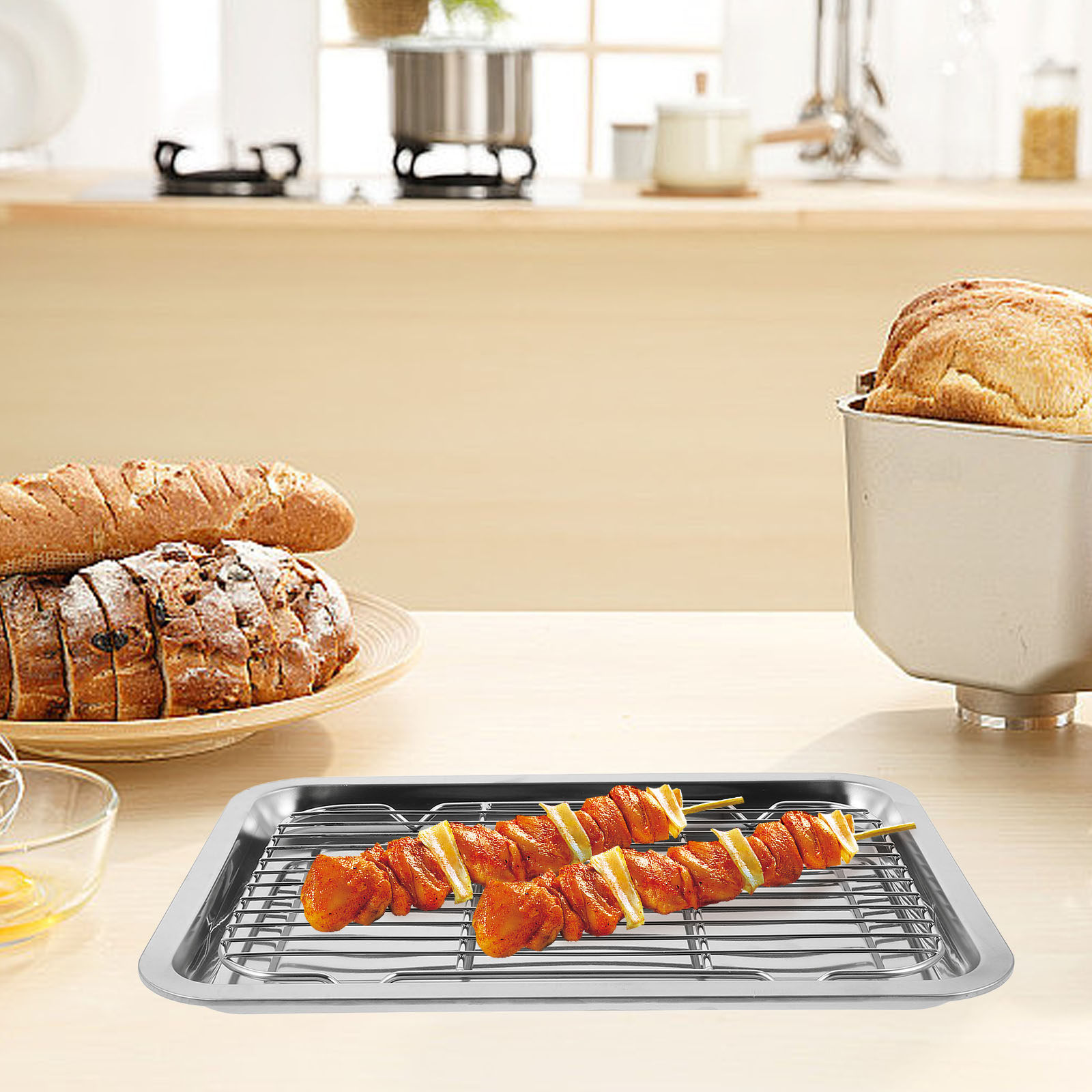 Food Storage Rack - ステンレス製ワイヤーベーキングラック冷却トレイ油切り揚げ物プレートスナック収納トレイ（家庭、レストラン、ホテル用）1セット