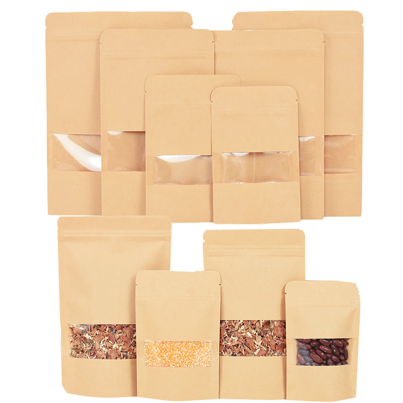 Food Storage Ziploc Bags - 20/50 個クラフト紙ジップロックバッグ窓食品スナック茶自己シール保存袋結婚式ホームキャンディギフト包装ポーチ