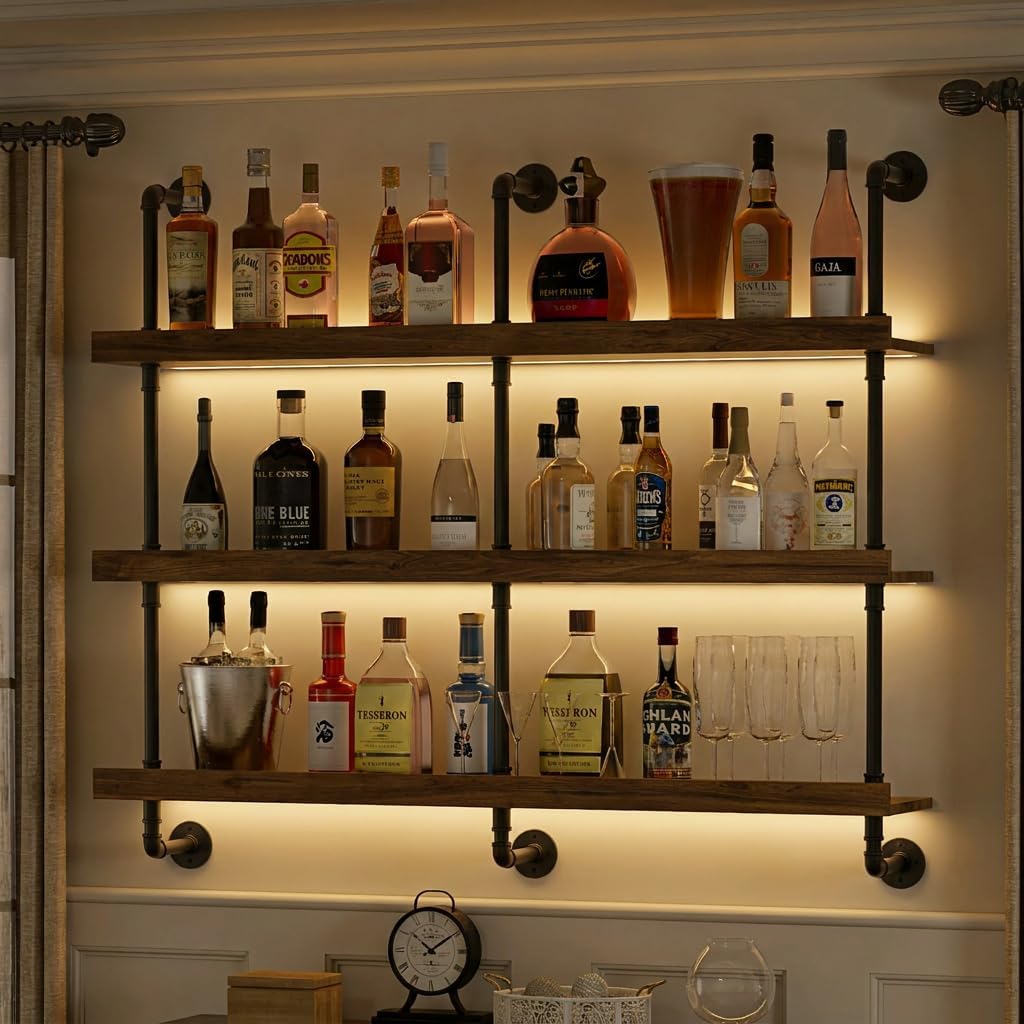 Food Storage Shelving - 壁掛けワインラック LEDライト付き 3段フローティングバーシェルフ 酒瓶ディスプレイ収納用 モダンなワインホルダーオーガナイザー キッチン