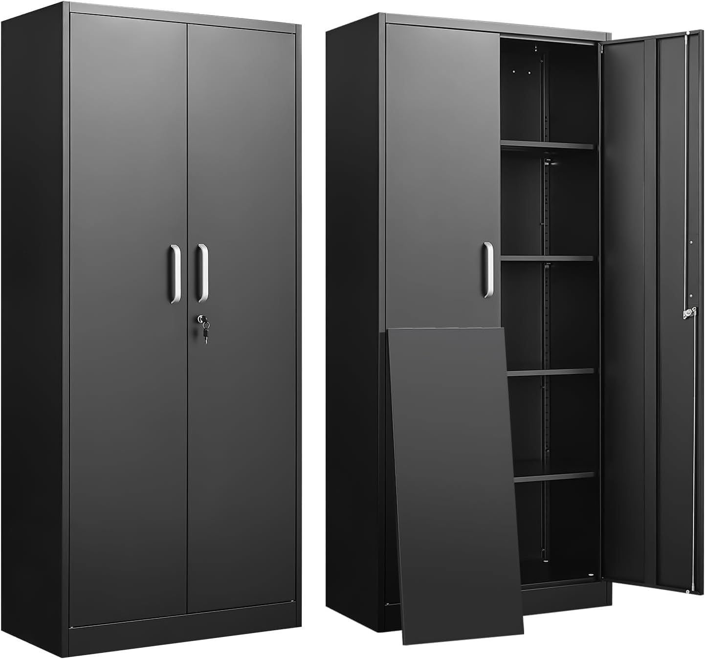 Food Storage Shelving - 調節可能な棚付き金属製収納キャビネット ドアと棚付きの黒いガレージキャビネット ホームオフィス用の大容量ファイルラック 背の高いキッチンパントリーロッカー ユーティリティ収納オーガナイザー