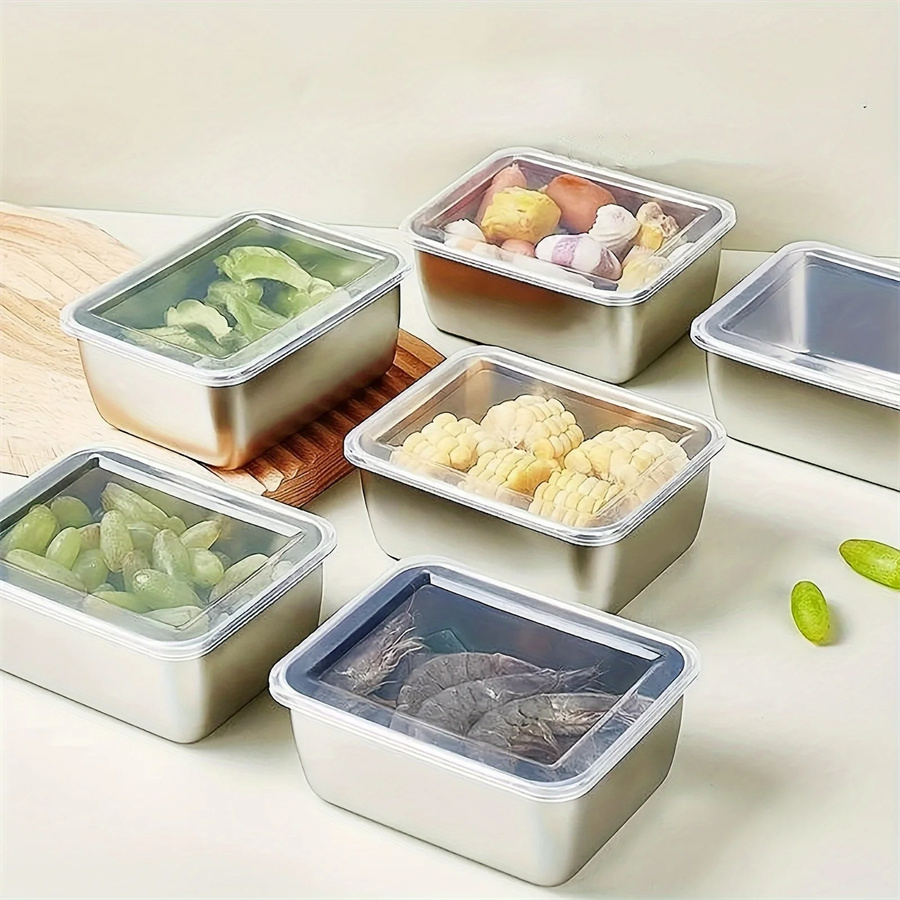 Food Storage Metal Box - 1/3/5 個ステンレス鋼食品収納ボックス鮮度保持ボックス蓋付き、長方形ソーセージ麺フルーツ皿カバー付き