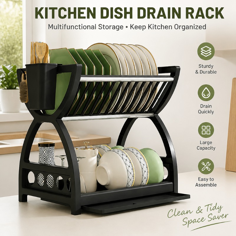 Food Storage Shelving - 2段式食器乾燥ラック キッチンオーガナイザー ボウル・プレート収納 水切りラック カトラリーホルダー付き ドリップトレイ