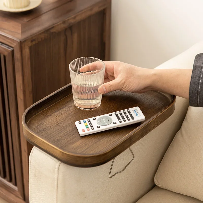 Food Storage Rack - ソファサイドクリップ式トレイテーブル、クリップ式ポータブル竹製カウチアームレストトレイ、リビングルーム用簡単操作ドリンク/リモコンホルダー