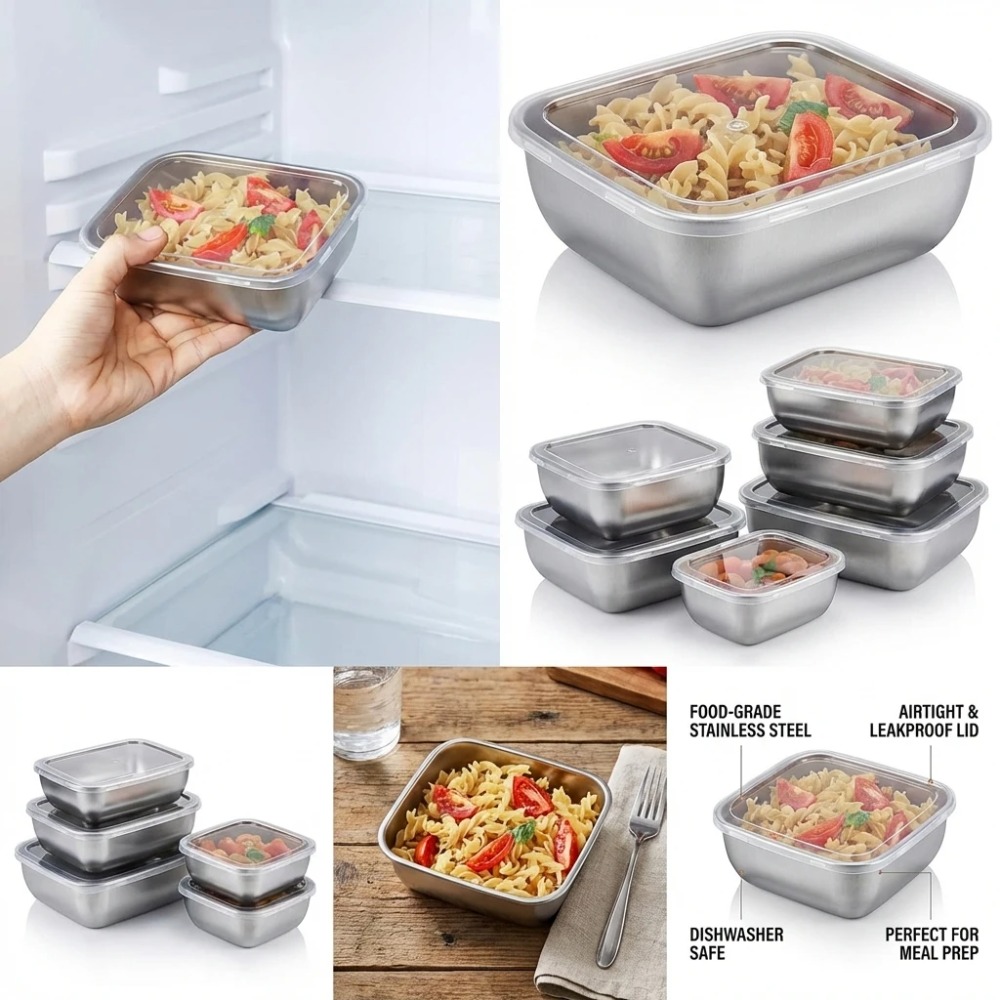6個入りステンレス製食品保存容器漏れ防止6個入りステンレス製 - Food Storage Metal Box のレビューと価格