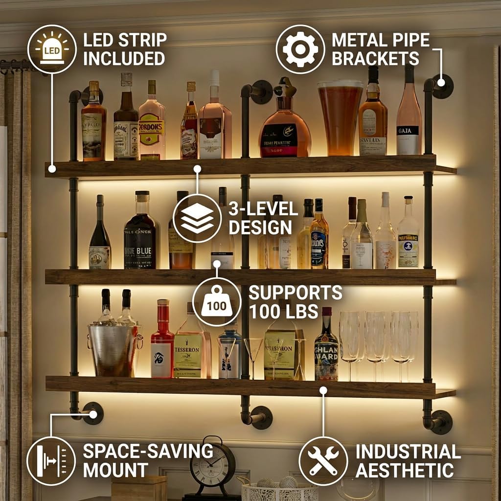 壁掛けワインラック LEDライト付き 3段フローティングバー - Food Storage Shelving のレビューと価格