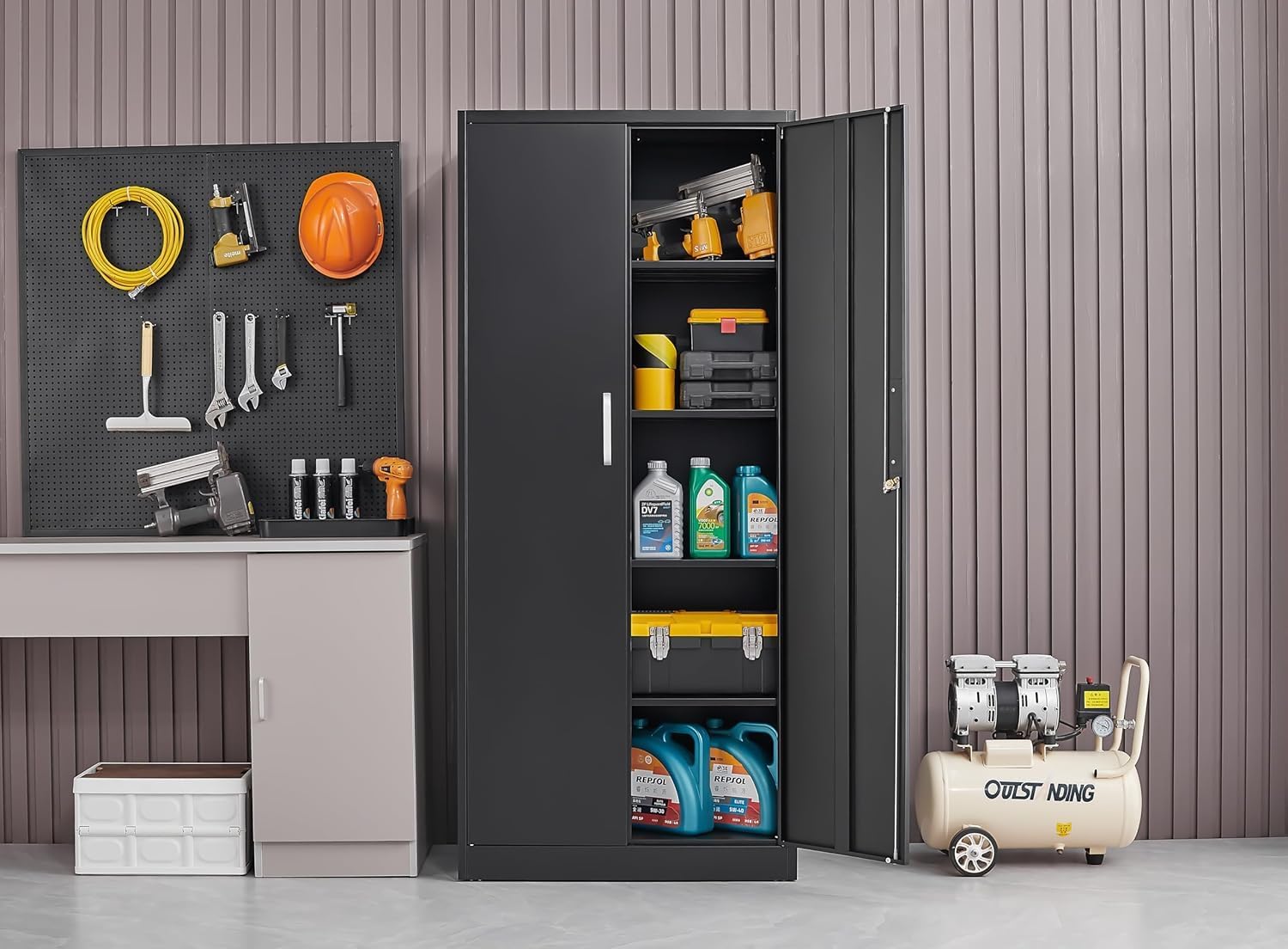 調節可能な棚付き金属製収納キャビネット ドアと棚付きの黒いガ - Food Storage Shelving のレビューと価格