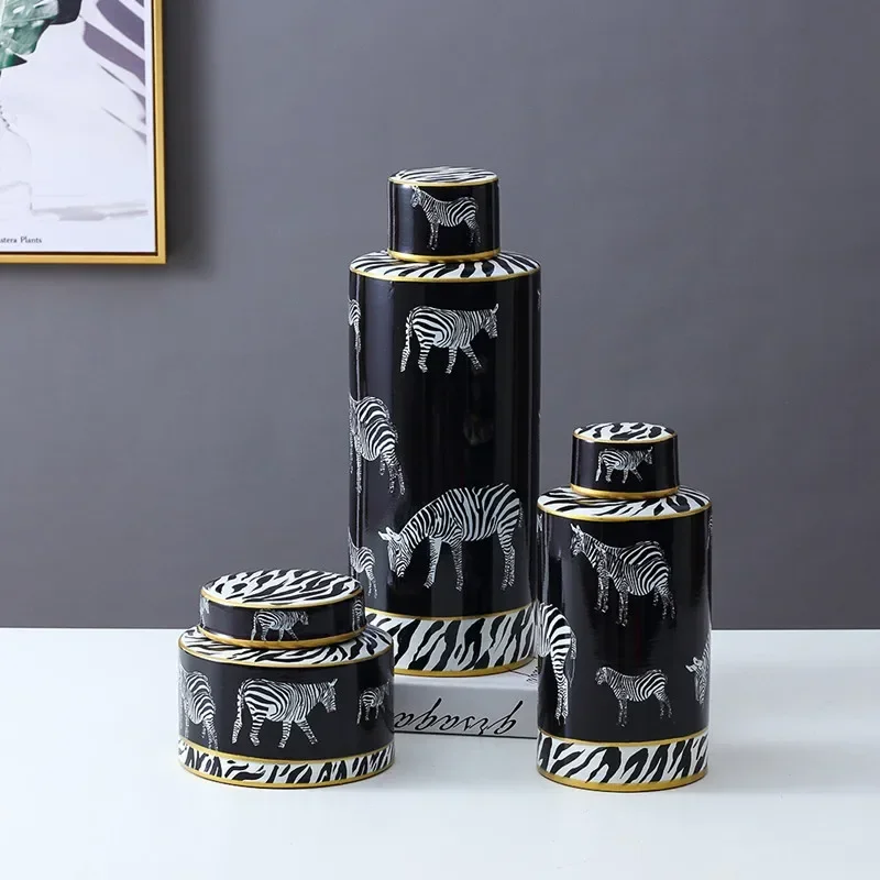 モダンな家の装飾セラミック花瓶、ふた付きゼブラ絵画装飾収納ジ - Zebra Food Storage のレビューと価格